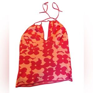 MADDEN NYC Orange Flower Power Floral Halter Top Retro Hippie Style Womans Med